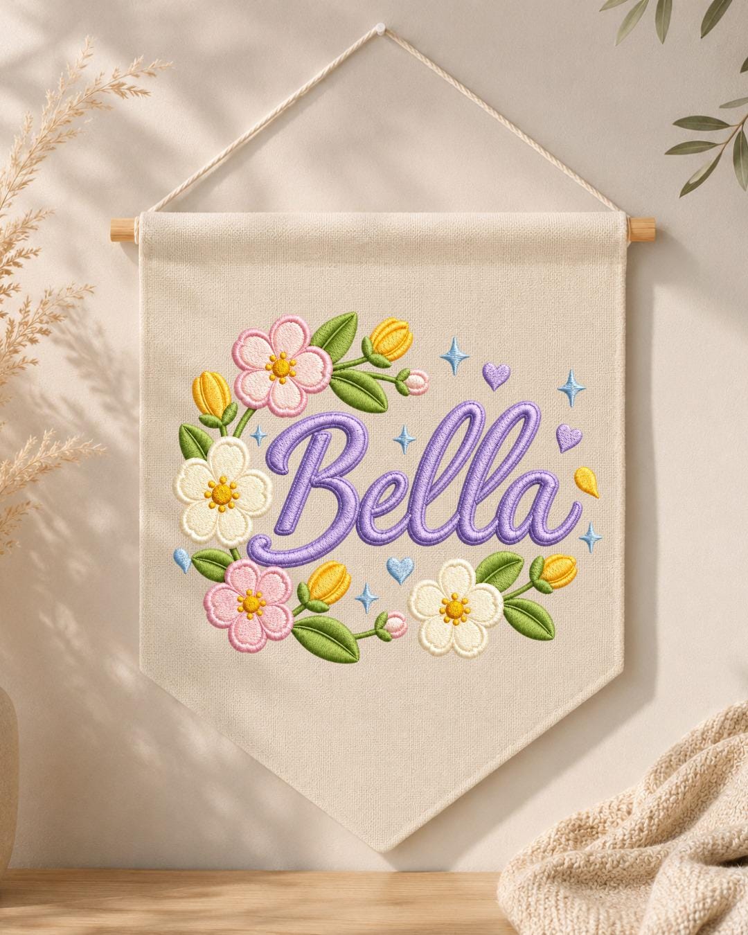 Personalized Floral Name Wall Hanging, Custom Name Embroidered Banner, Flower Nursery Decor, Baby Girl Room Sign, Personalized Nursery Gift