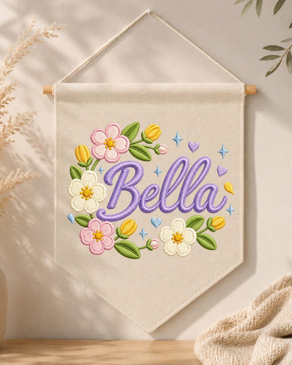 Personalized Floral Name Wall Hanging, Custom Name Embroidered Banner, Flower Nursery Decor, Baby Girl Room Sign, Personalized Nursery Gift