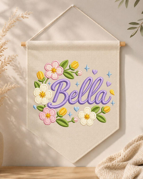 Personalized Floral Name Wall Hanging, Custom Name Embroidered Banner, Flower Nursery Decor, Baby Girl Room Sign, Personalized Nursery Gift