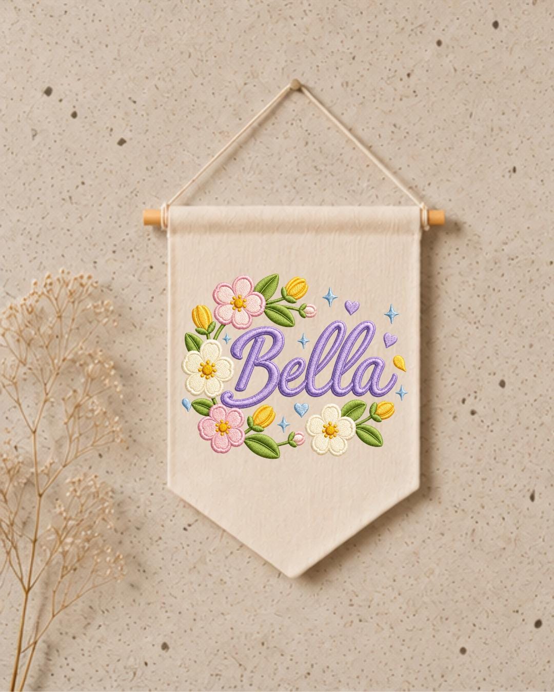 Personalized Floral Name Wall Hanging, Custom Name Embroidered Banner, Flower Nursery Decor, Baby Girl Room Sign, Personalized Nursery Gift