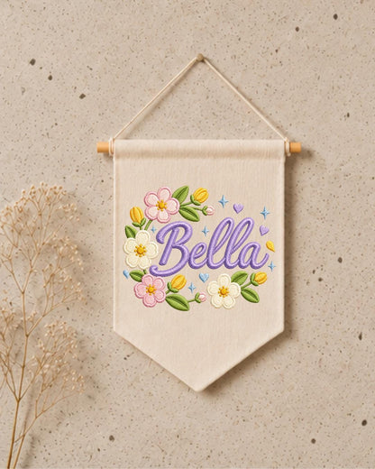 Personalized Floral Name Wall Hanging, Custom Name Embroidered Banner, Flower Nursery Decor, Baby Girl Room Sign, Personalized Nursery Gift