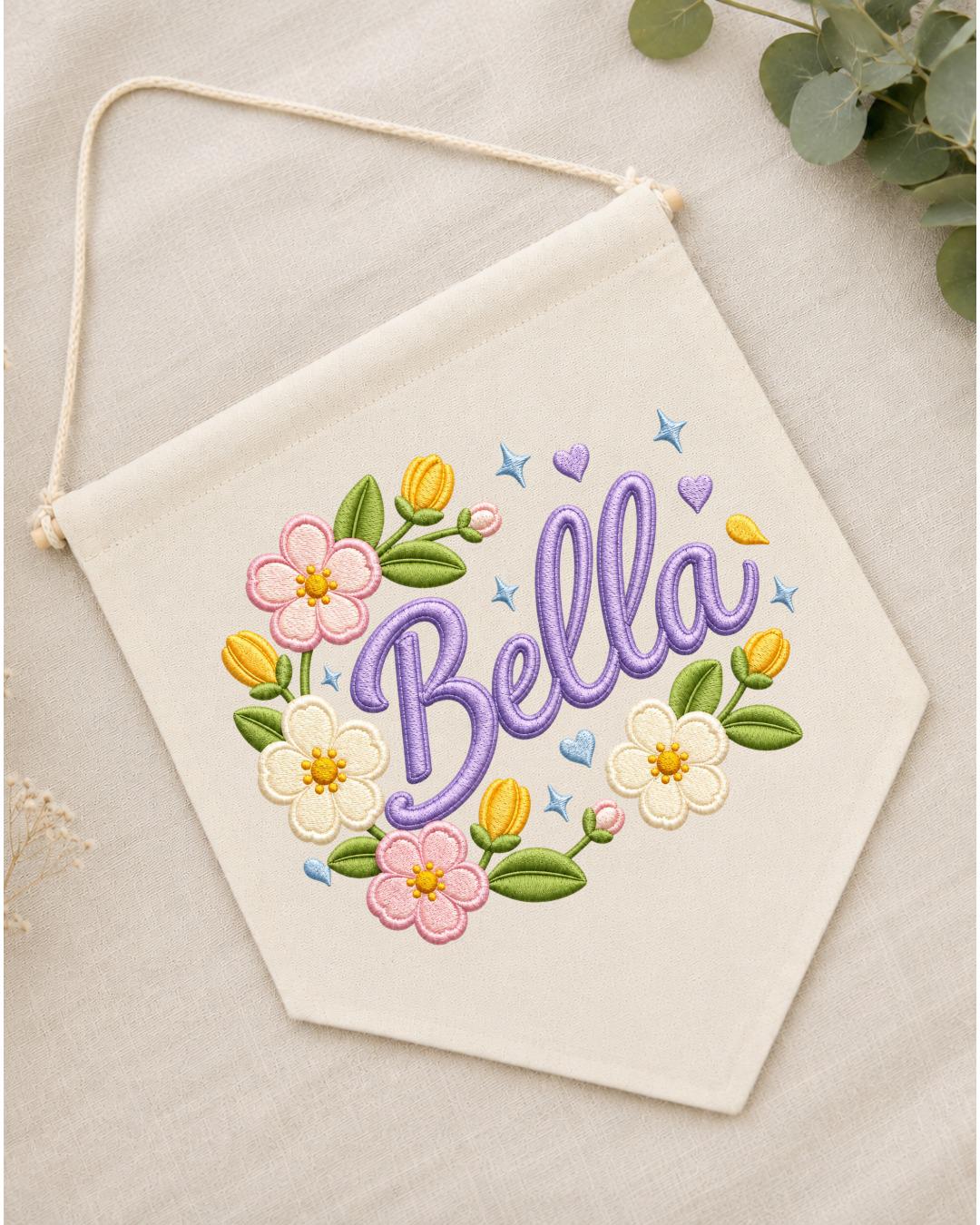 Personalized Floral Name Wall Hanging, Custom Name Embroidered Banner, Flower Nursery Decor, Baby Girl Room Sign, Personalized Nursery Gift