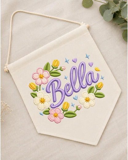 Personalized Floral Name Wall Hanging, Custom Name Embroidered Banner, Flower Nursery Decor, Baby Girl Room Sign, Personalized Nursery Gift