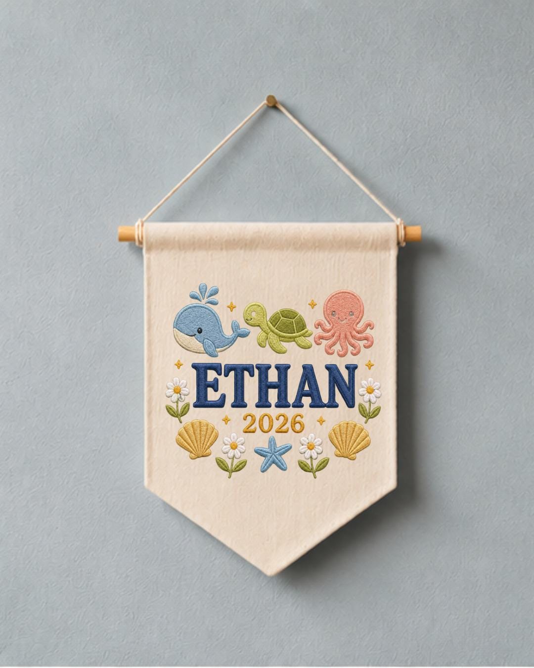 Personalized Ocean Nursery Wall Hanging, Custom Name Embroidered Banner, Whale Turtle Octopus Baby Boy Room Decor, Under the Sea Gift