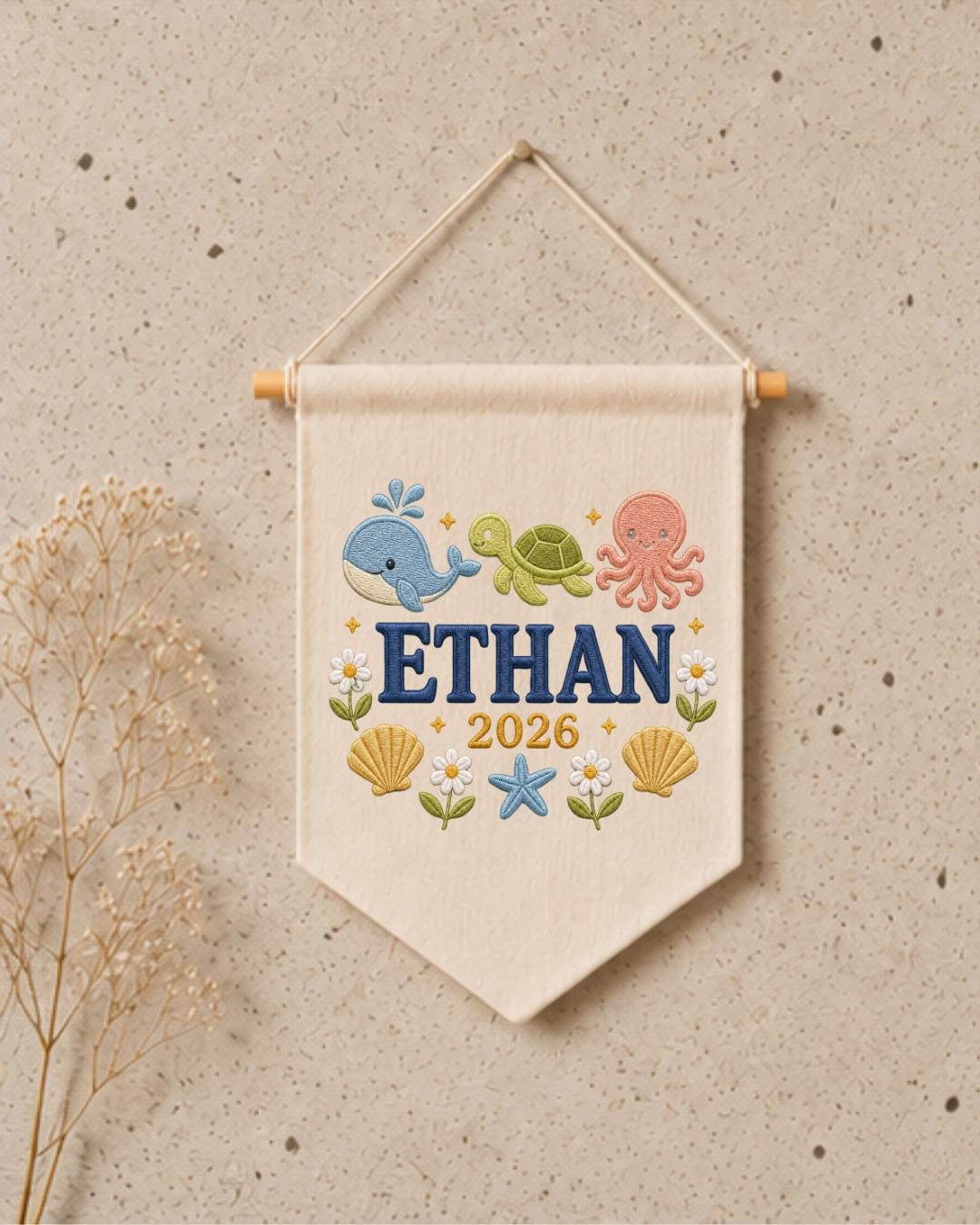 Personalized Ocean Nursery Wall Hanging, Custom Name Embroidered Banner, Whale Turtle Octopus Baby Boy Room Decor, Under the Sea Gift