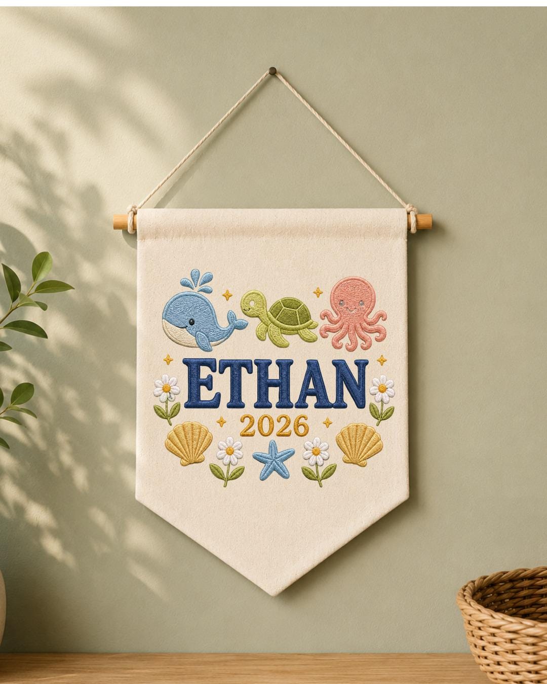Personalized Ocean Nursery Wall Hanging, Custom Name Embroidered Banner, Whale Turtle Octopus Baby Boy Room Decor, Under the Sea Gift