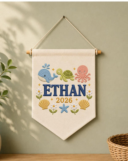 Personalized Ocean Nursery Wall Hanging, Custom Name Embroidered Banner, Whale Turtle Octopus Baby Boy Room Decor, Under the Sea Gift