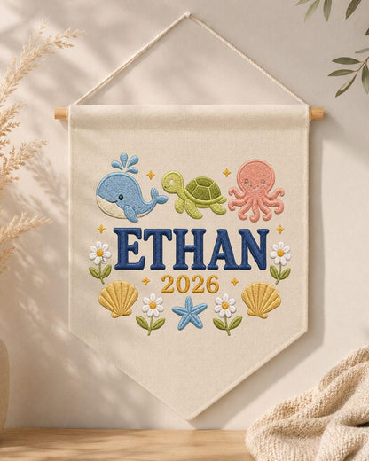 Personalized Ocean Nursery Wall Hanging, Custom Name Embroidered Banner, Whale Turtle Octopus Baby Boy Room Decor, Under the Sea Gift