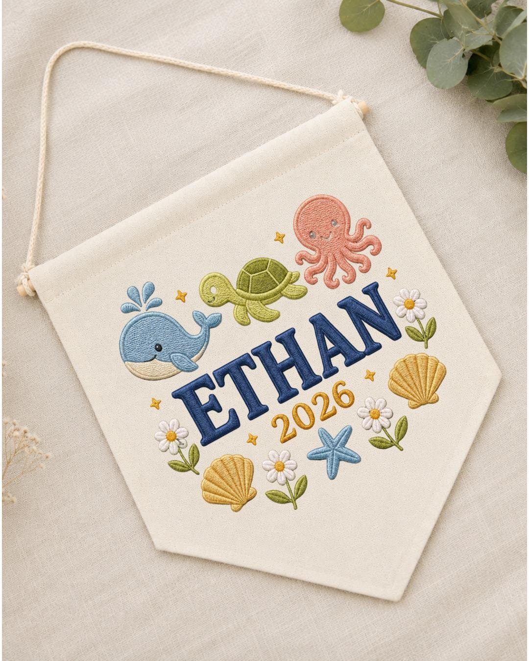 Personalized Ocean Nursery Wall Hanging, Custom Name Embroidered Banner, Whale Turtle Octopus Baby Boy Room Decor, Under the Sea Gift