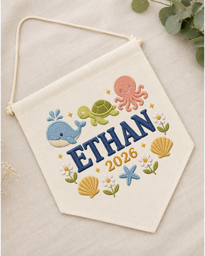 Personalized Ocean Nursery Wall Hanging, Custom Name Embroidered Banner, Whale Turtle Octopus Baby Boy Room Decor, Under the Sea Gift