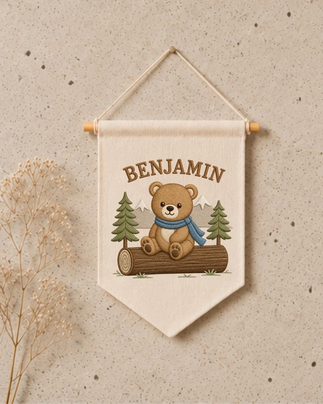 Personalized Bear Nursery Wall Hanging, Custom Name Embroidered Banner, Woodland Bear Baby Boy Room Decor, Forest Nursery Gift