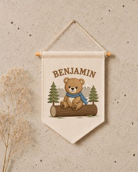 Personalized Bear Nursery Wall Hanging, Custom Name Embroidered Banner, Woodland Bear Baby Boy Room Decor, Forest Nursery Gift