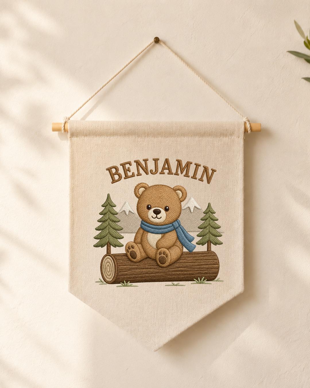 Personalized Bear Nursery Wall Hanging, Custom Name Embroidered Banner, Woodland Bear Baby Boy Room Decor, Forest Nursery Gift