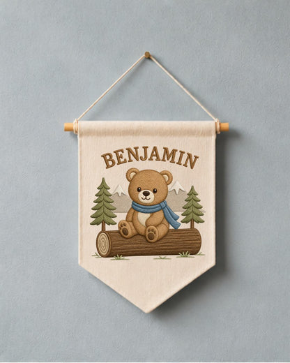 Personalized Bear Nursery Wall Hanging, Custom Name Embroidered Banner, Woodland Bear Baby Boy Room Decor, Forest Nursery Gift