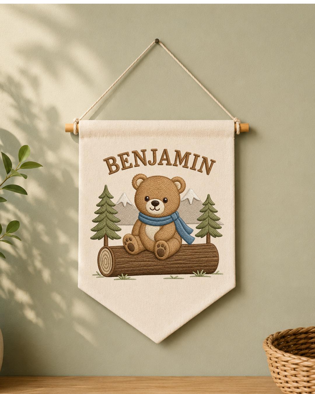 Personalized Bear Nursery Wall Hanging, Custom Name Embroidered Banner, Woodland Bear Baby Boy Room Decor, Forest Nursery Gift