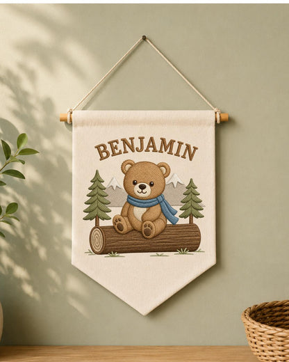 Personalized Bear Nursery Wall Hanging, Custom Name Embroidered Banner, Woodland Bear Baby Boy Room Decor, Forest Nursery Gift