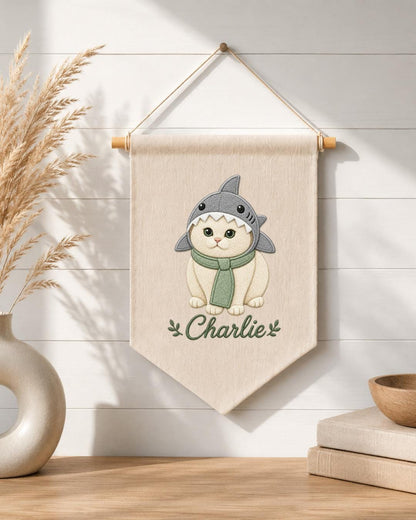 Personalized Cat Wall Hanging, Custom Name Embroidered Banner, Shark Costume Cat Decor, Cute Pet Nursery Wall Art, Cat Lover Gift