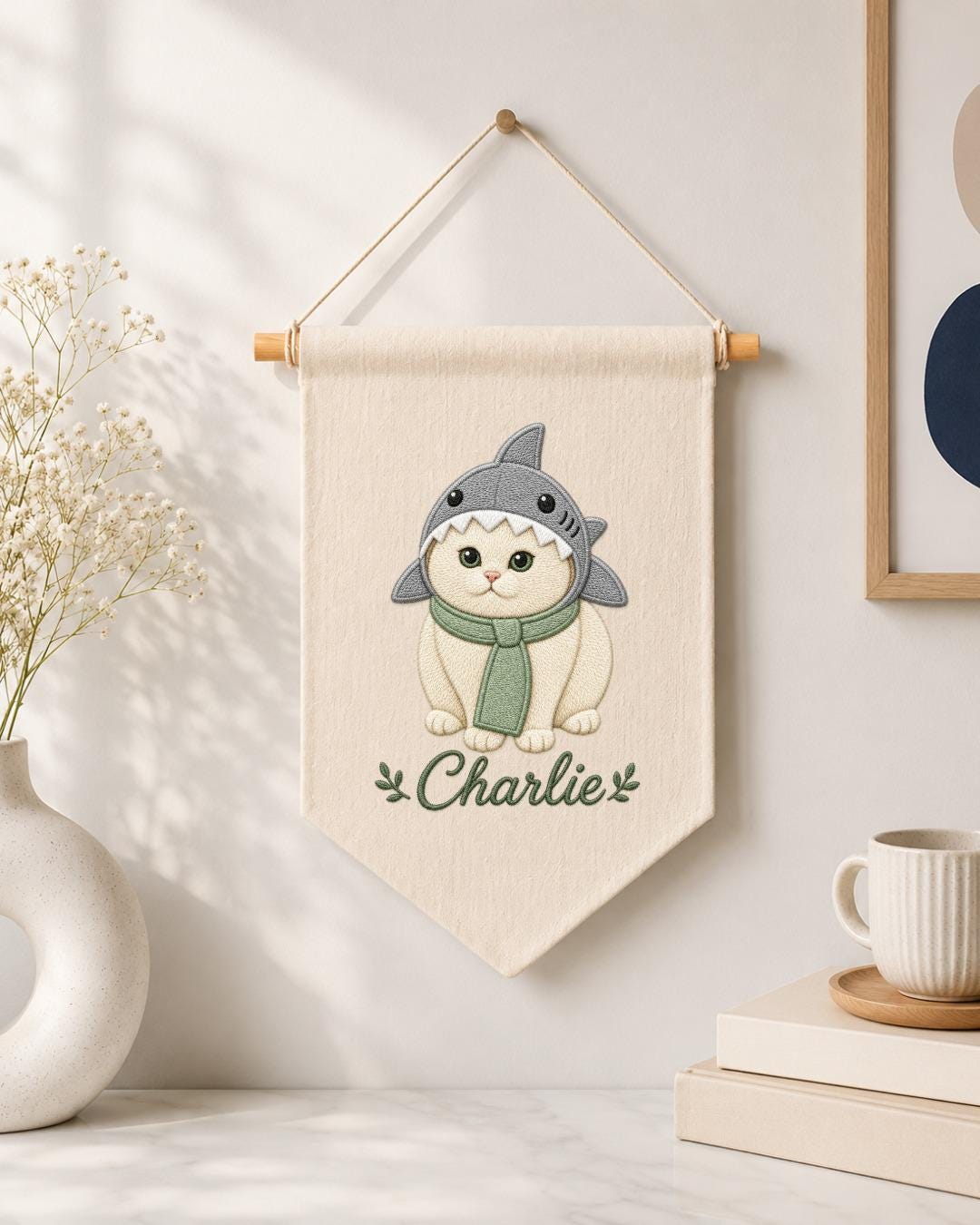 Personalized Cat Wall Hanging, Custom Name Embroidered Banner, Shark Costume Cat Decor, Cute Pet Nursery Wall Art, Cat Lover Gift