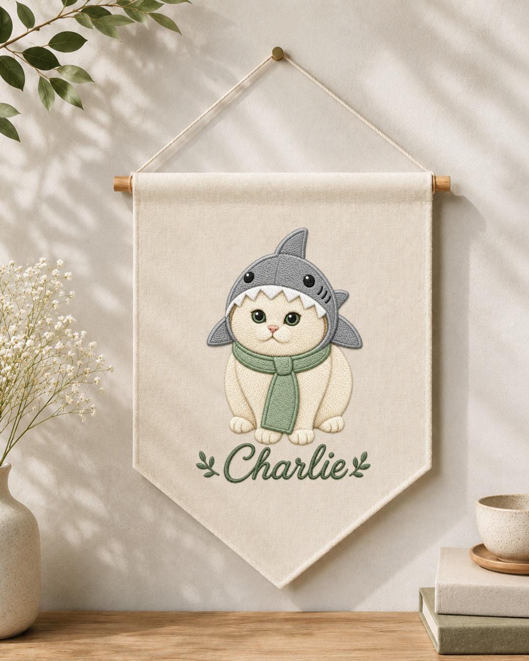 Personalized Cat Wall Hanging, Custom Name Embroidered Banner, Shark Costume Cat Decor, Cute Pet Nursery Wall Art, Cat Lover Gift
