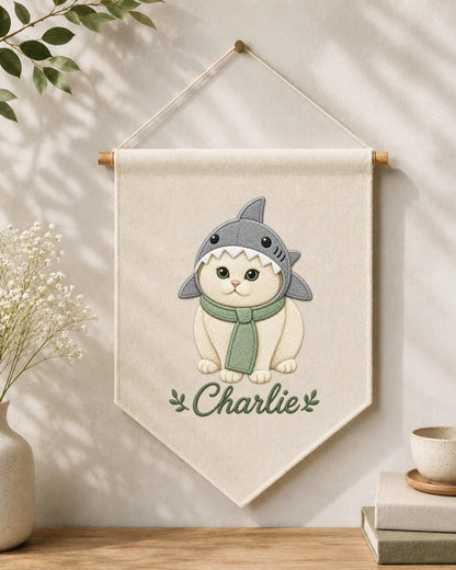 Personalized Cat Wall Hanging, Custom Name Embroidered Banner, Shark Costume Cat Decor, Cute Pet Nursery Wall Art, Cat Lover Gift