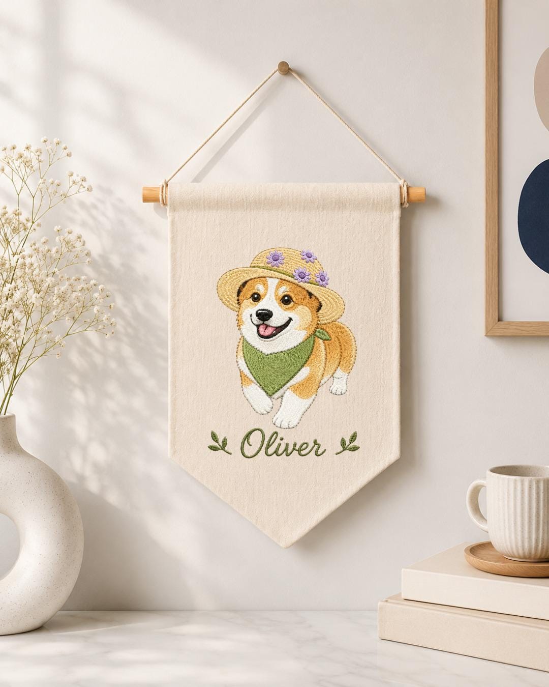 Personalized Corgi Wall Hanging, Custom Name Embroidered Banner, Dog Nursery Decor, Pet Lover Room Decor, Cute Corgi Gift