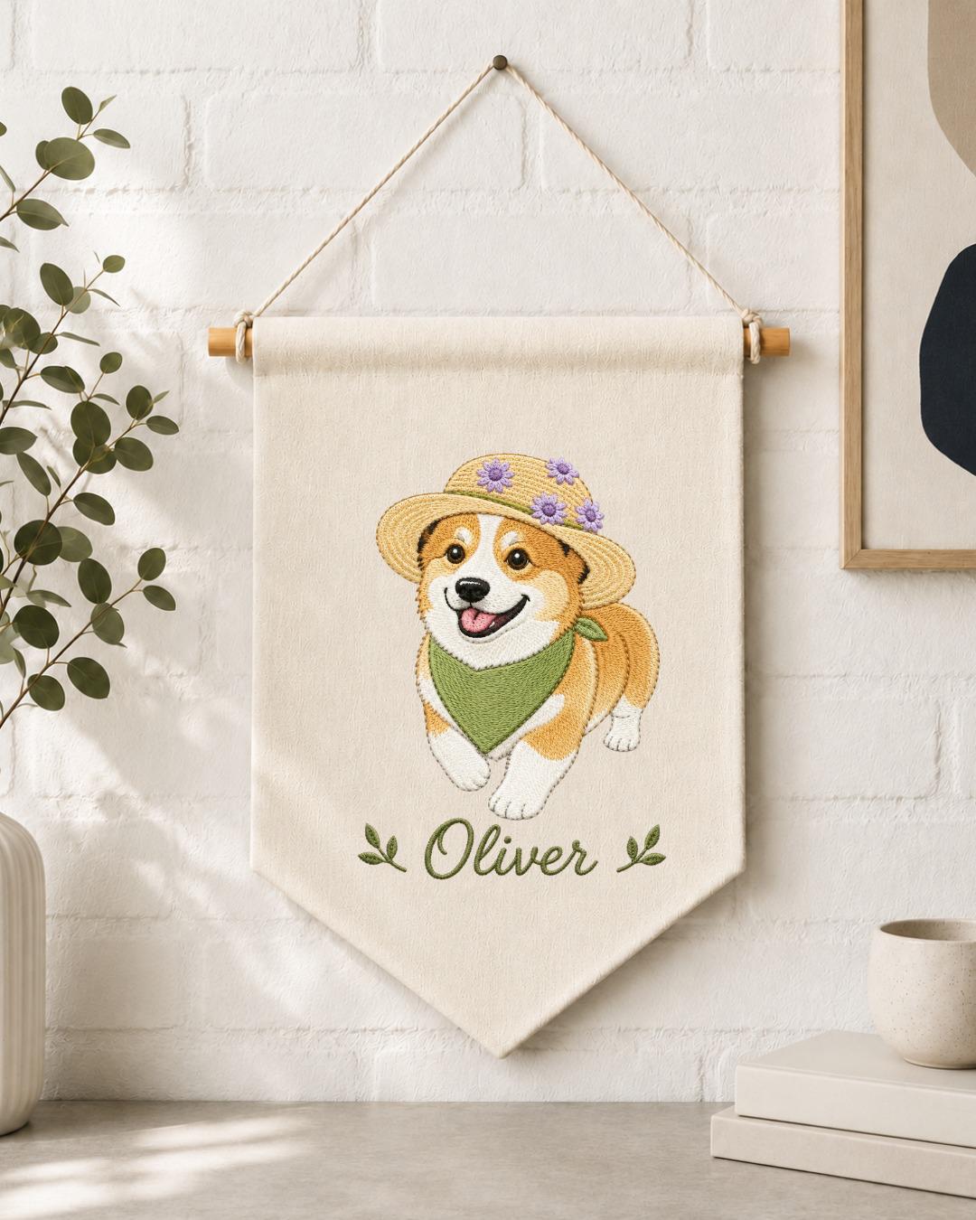 Personalized Corgi Wall Hanging, Custom Name Embroidered Banner, Dog Nursery Decor, Pet Lover Room Decor, Cute Corgi Gift