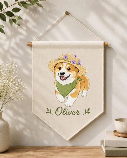 Personalized Corgi Wall Hanging, Custom Name Embroidered Banner, Dog Nursery Decor, Pet Lover Room Decor, Cute Corgi Gift