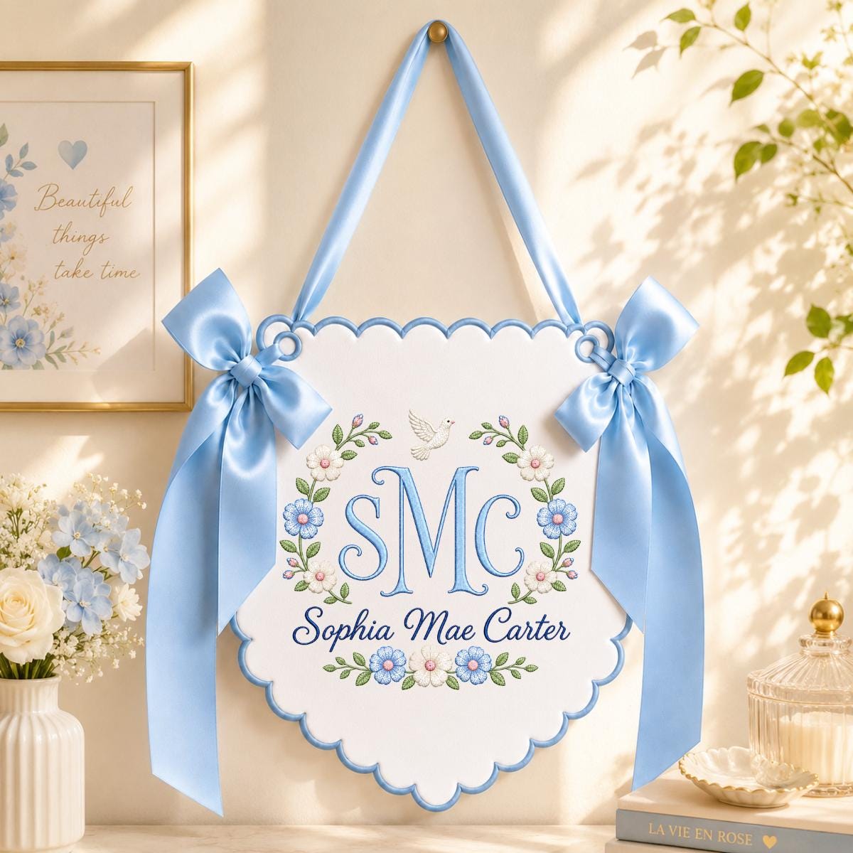 Personalized Baby Girl Monogram Scalloped Banner Decor, Custom Embroidered Name Initial Floral Dove Wall Hanging Sign, Christening Gift