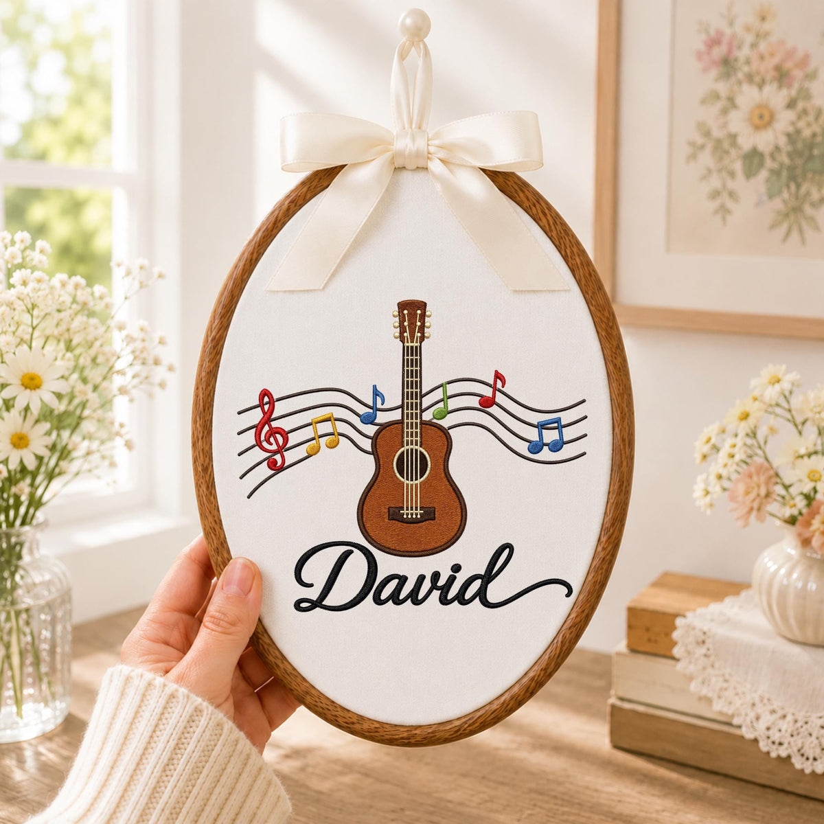 Personalized Embroidered Ornament, Guitar Music Ornament, Custom Name Music Lover Gift, Musician Keepsake, Guitar Player Gift