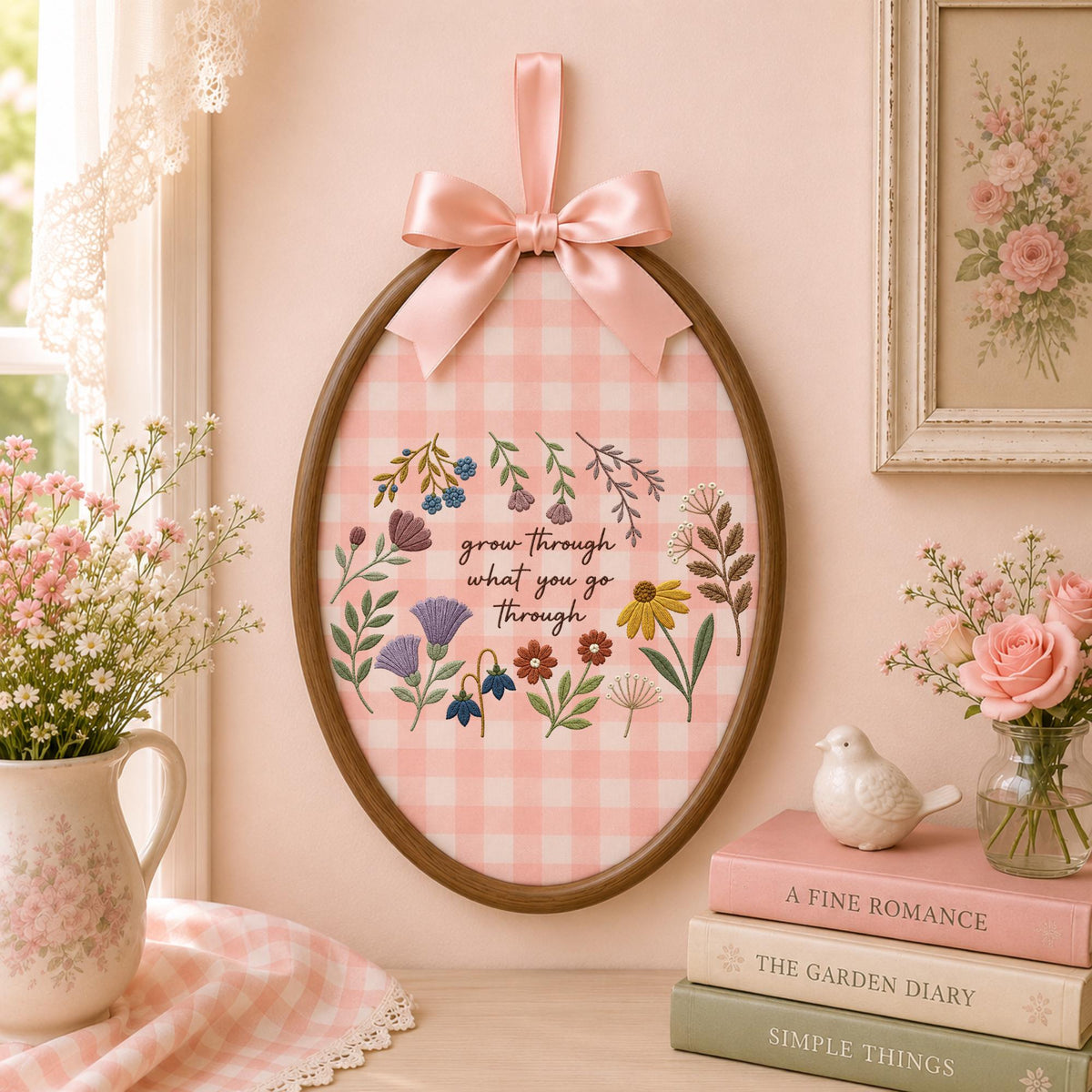 Personalized Embroidered Ornament, Grow Through What You Go Through Floral Ornament, Inspirational Gift, Botanical Keepsake