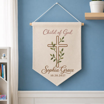 Personalized Embroidered Baptism Wall Hanging Banner, Child of God Cross Sign, Custom Name Christening Gift, Christian Nursery Decor