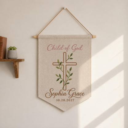 Personalized Embroidered Baptism Wall Hanging Banner, Child of God Cross Sign, Custom Name Christening Gift, Christian Nursery Decor