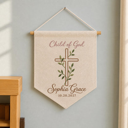 Personalized Embroidered Baptism Wall Hanging Banner, Child of God Cross Sign, Custom Name Christening Gift, Christian Nursery Decor