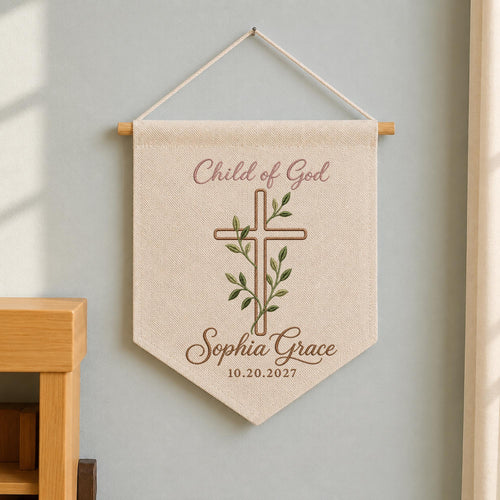 Personalized Embroidered Baptism Wall Hanging Banner, Child of God Cross Sign, Custom Name Christening Gift, Christian Nursery Decor