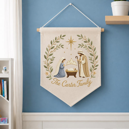 Personalized Nativity Embroidered Wall Hanging Banner, Custom Family Name Christmas Decor, Holy Family Christian Gift, Religious Christmas