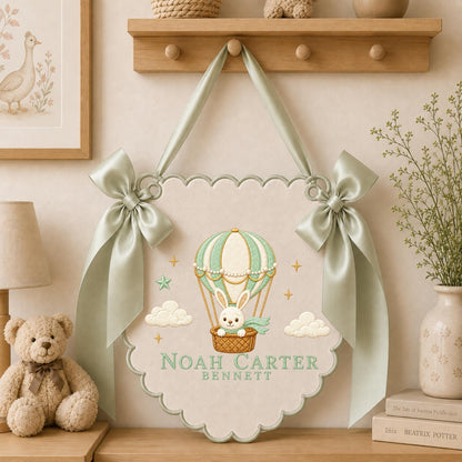 Personalized Embroidered Baby Name Banner, Hot Air Balloon Bunny Nursery Wall Hanging, Custom Name Sign, Baby Girl Nursery Decor, Newborn
