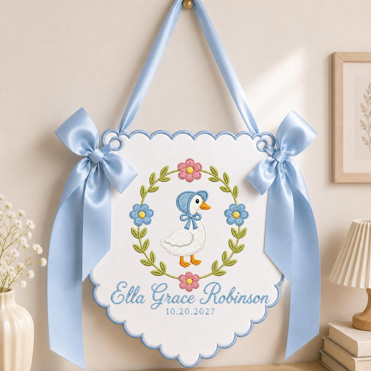 Personalized Embroidered Baby Name Banner, Goose Floral Nursery Wall Hanging, Custom Birth Date Sign, Baby Girl Nursery Decor, Newborn Gift