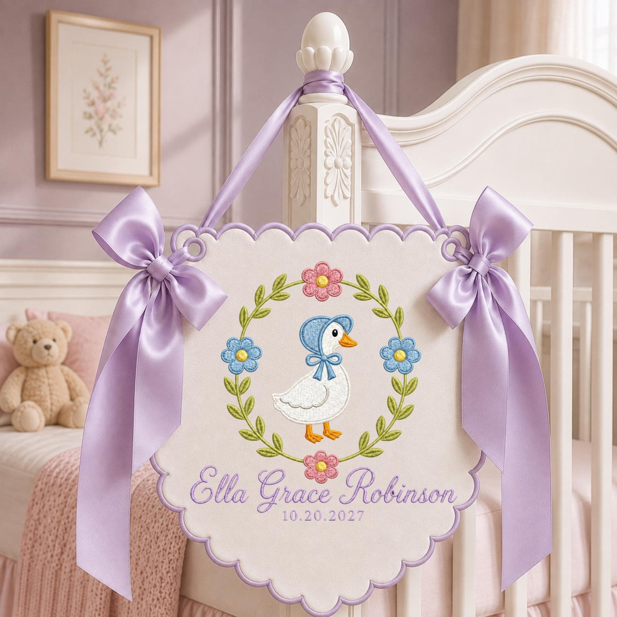 Personalized Embroidered Baby Name Banner, Goose Floral Nursery Wall Hanging, Custom Birth Date Sign, Baby Girl Nursery Decor, Newborn Gift