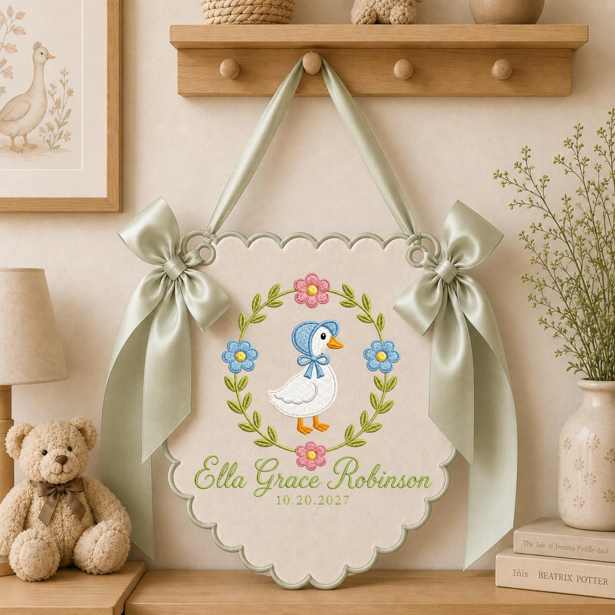 Personalized Embroidered Baby Name Banner, Goose Floral Nursery Wall Hanging, Custom Birth Date Sign, Baby Girl Nursery Decor, Newborn Gift