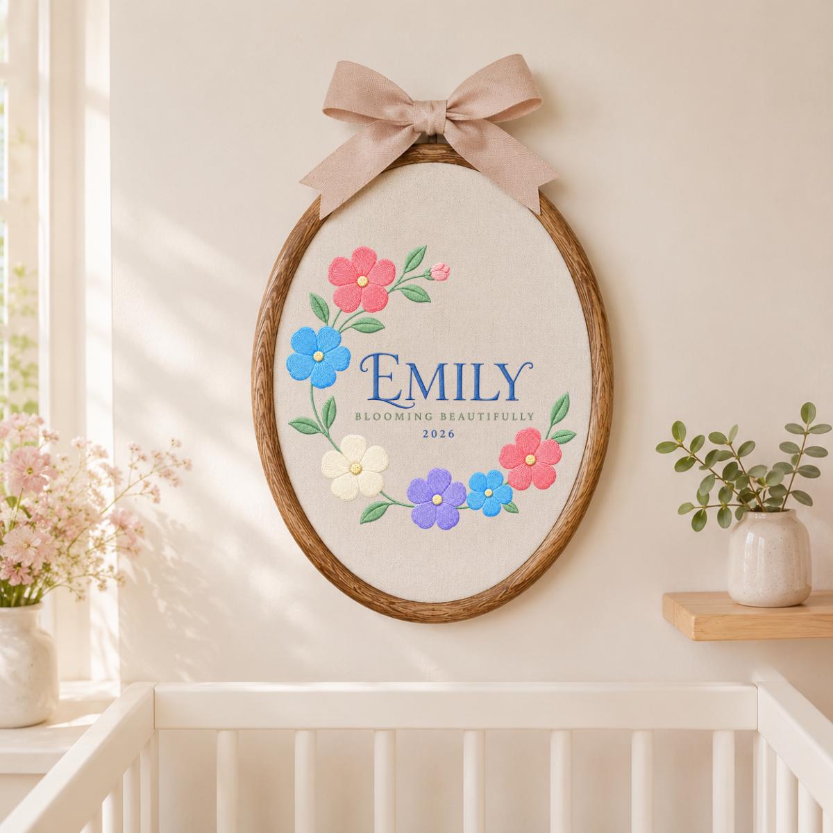 Personalized Blooming Beautifully Oval Hoop Art, Custom Name Emily Floral Wreath Embroidered Baby Girl Nursery Wall Sign Decor