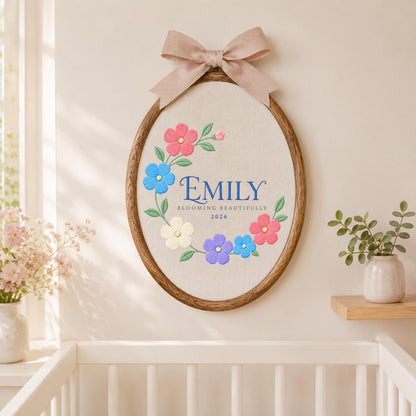 Personalized Blooming Beautifully Oval Hoop Art, Custom Name Emily Floral Wreath Embroidered Baby Girl Nursery Wall Sign Decor