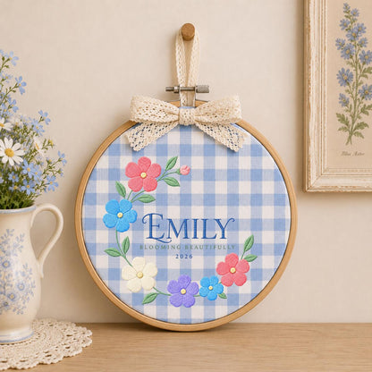 Personalized Blooming Beautifully Oval Hoop Art, Custom Name Emily Floral Wreath Embroidered Baby Girl Nursery Wall Sign Decor