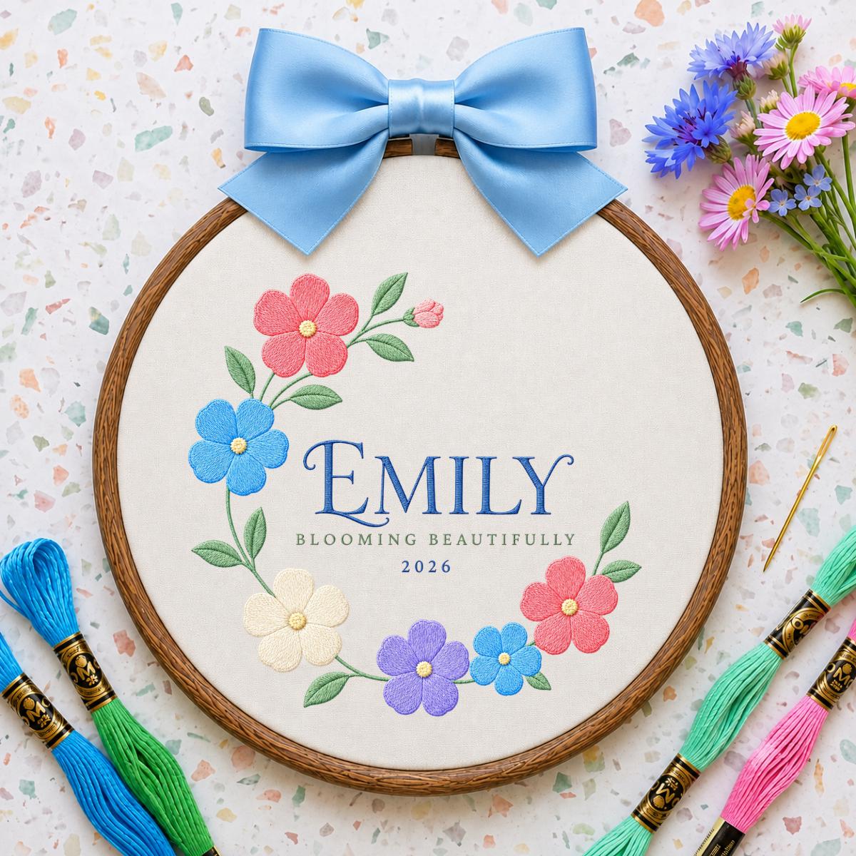 Personalized Blooming Beautifully Oval Hoop Art, Custom Name Emily Floral Wreath Embroidered Baby Girl Nursery Wall Sign Decor