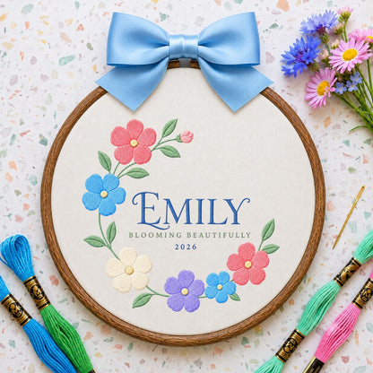 Personalized Blooming Beautifully Oval Hoop Art, Custom Name Emily Floral Wreath Embroidered Baby Girl Nursery Wall Sign Decor