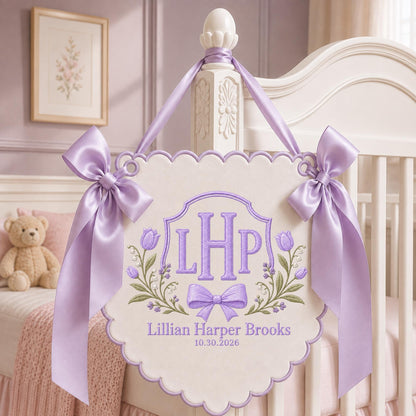 Personalized Embroidered Baby Name Banner, Monogram Nursery Wall Hanging, Custom Initial Sign, Floral Baby Nursery Decor, Newborn Gift