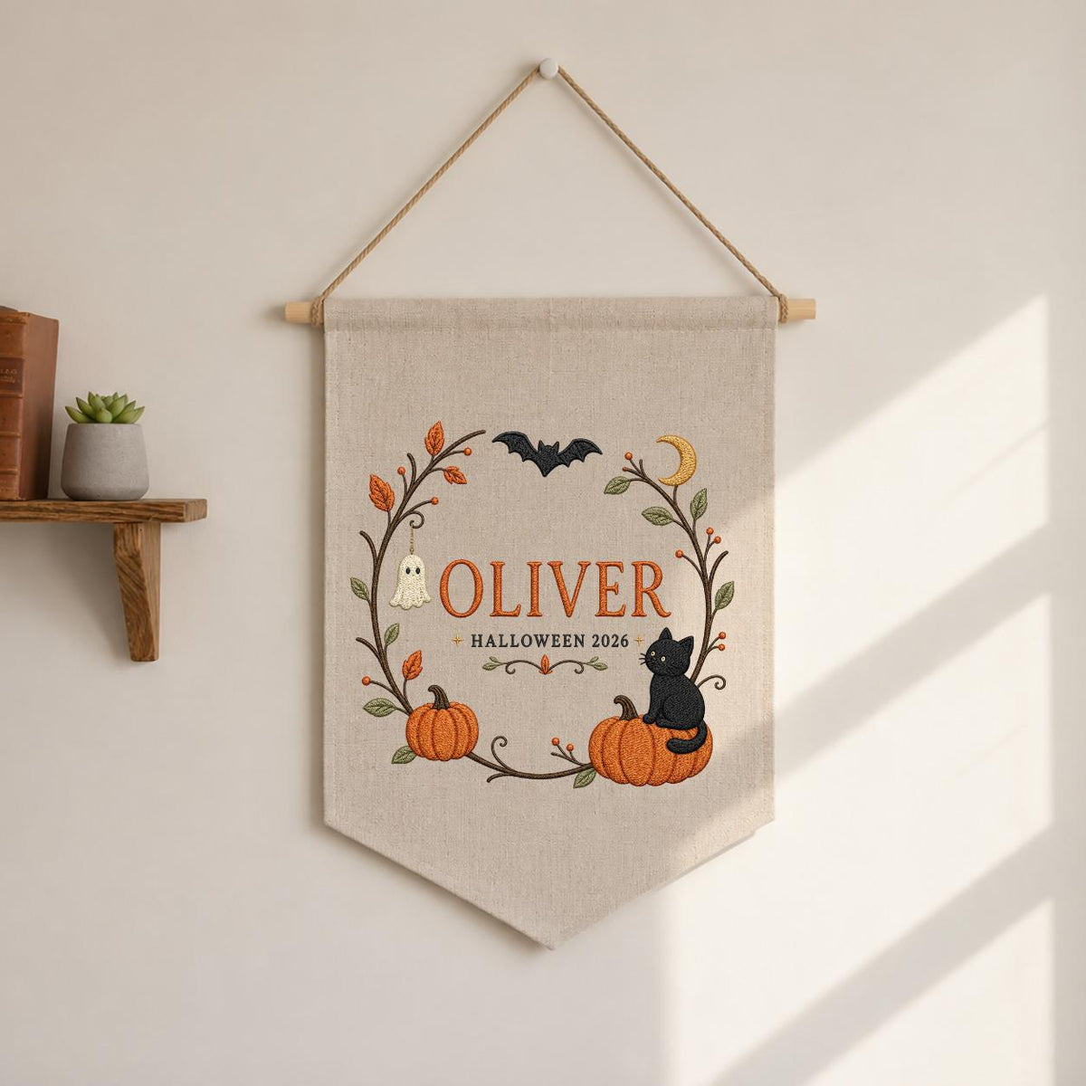 Personalized First Halloween Canvas Pennant Decor, Custom Embroidered Name Pumpkin Black Cat Wall Hanging Sign, Fall Nursery Gif