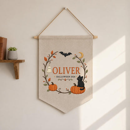 Personalized First Halloween Canvas Pennant Decor, Custom Embroidered Name Pumpkin Black Cat Wall Hanging Sign, Fall Nursery Gif