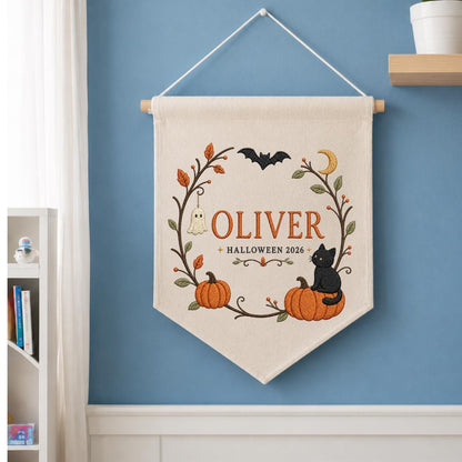 Personalized First Halloween Canvas Pennant Decor, Custom Embroidered Name Pumpkin Black Cat Wall Hanging Sign, Fall Nursery Gif