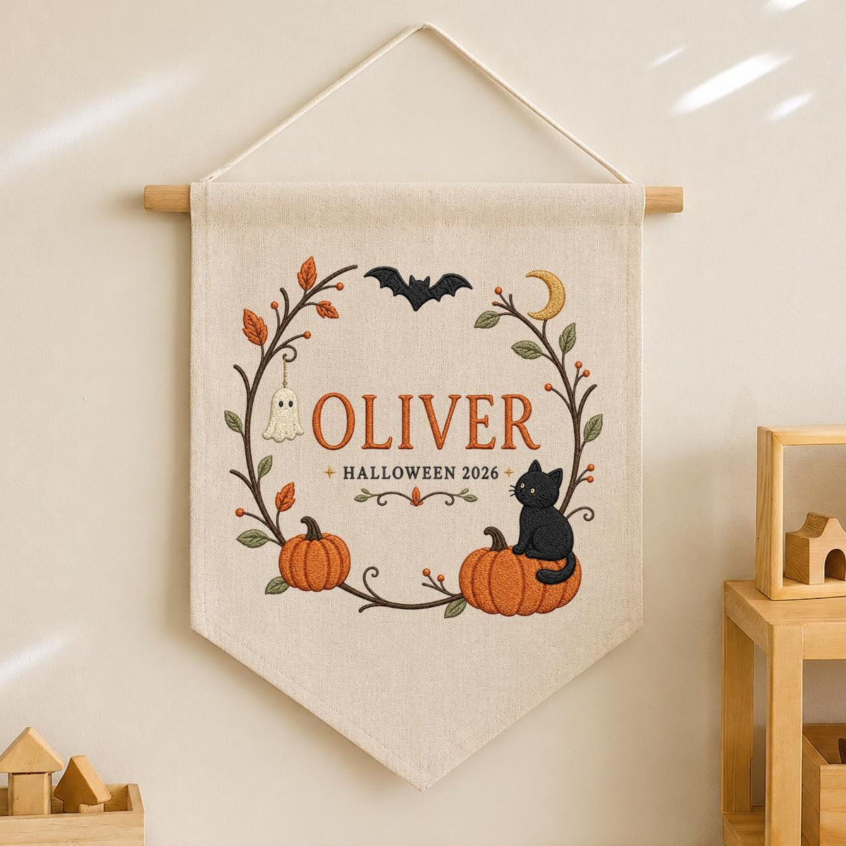 Personalized First Halloween Canvas Pennant Decor, Custom Embroidered Name Pumpkin Black Cat Wall Hanging Sign, Fall Nursery Gif