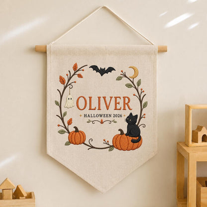 Personalized First Halloween Canvas Pennant Decor, Custom Embroidered Name Pumpkin Black Cat Wall Hanging Sign, Fall Nursery Gif